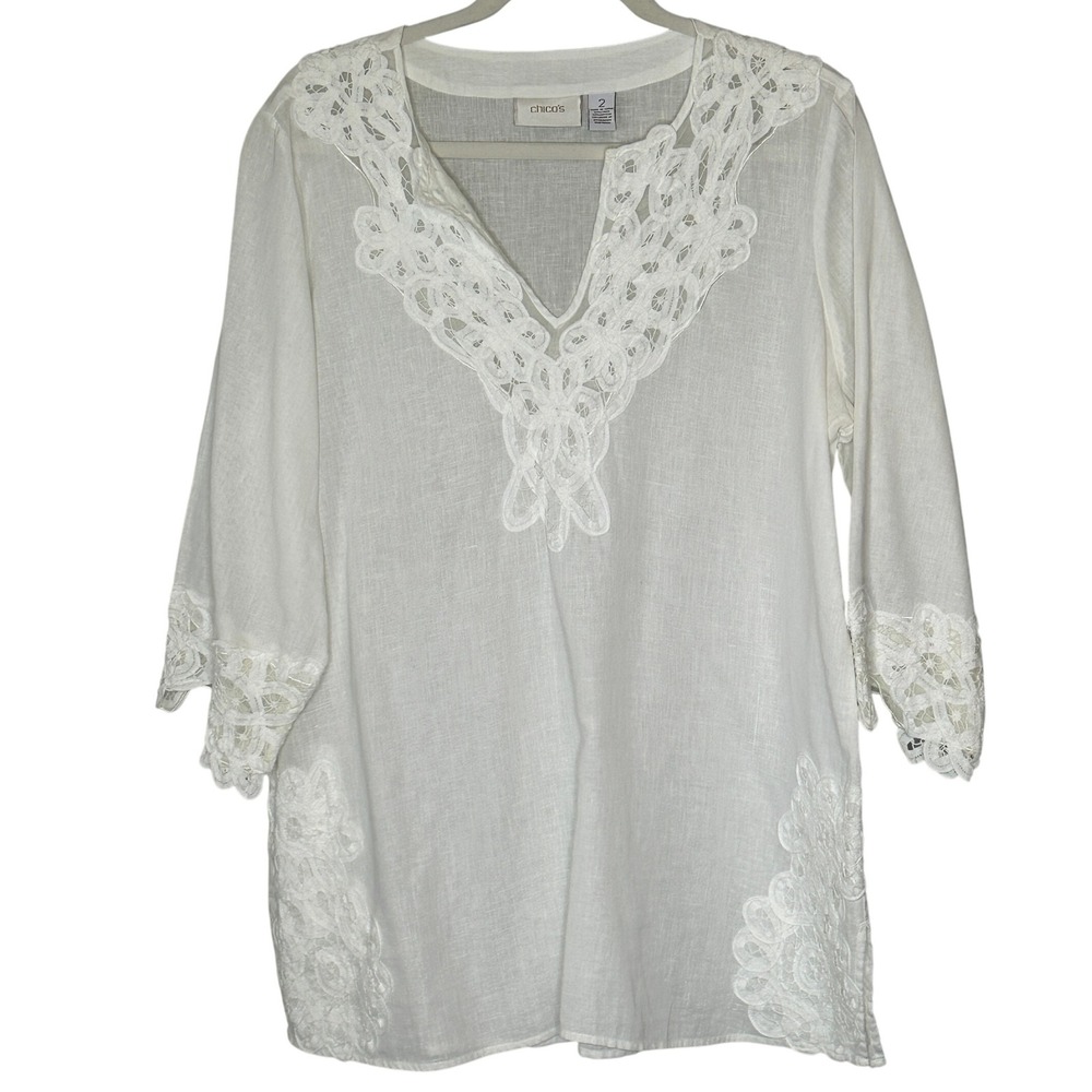 Chico's White Linen Blend Embroidered Lace Trim V-Neck Tunic Top Size Large